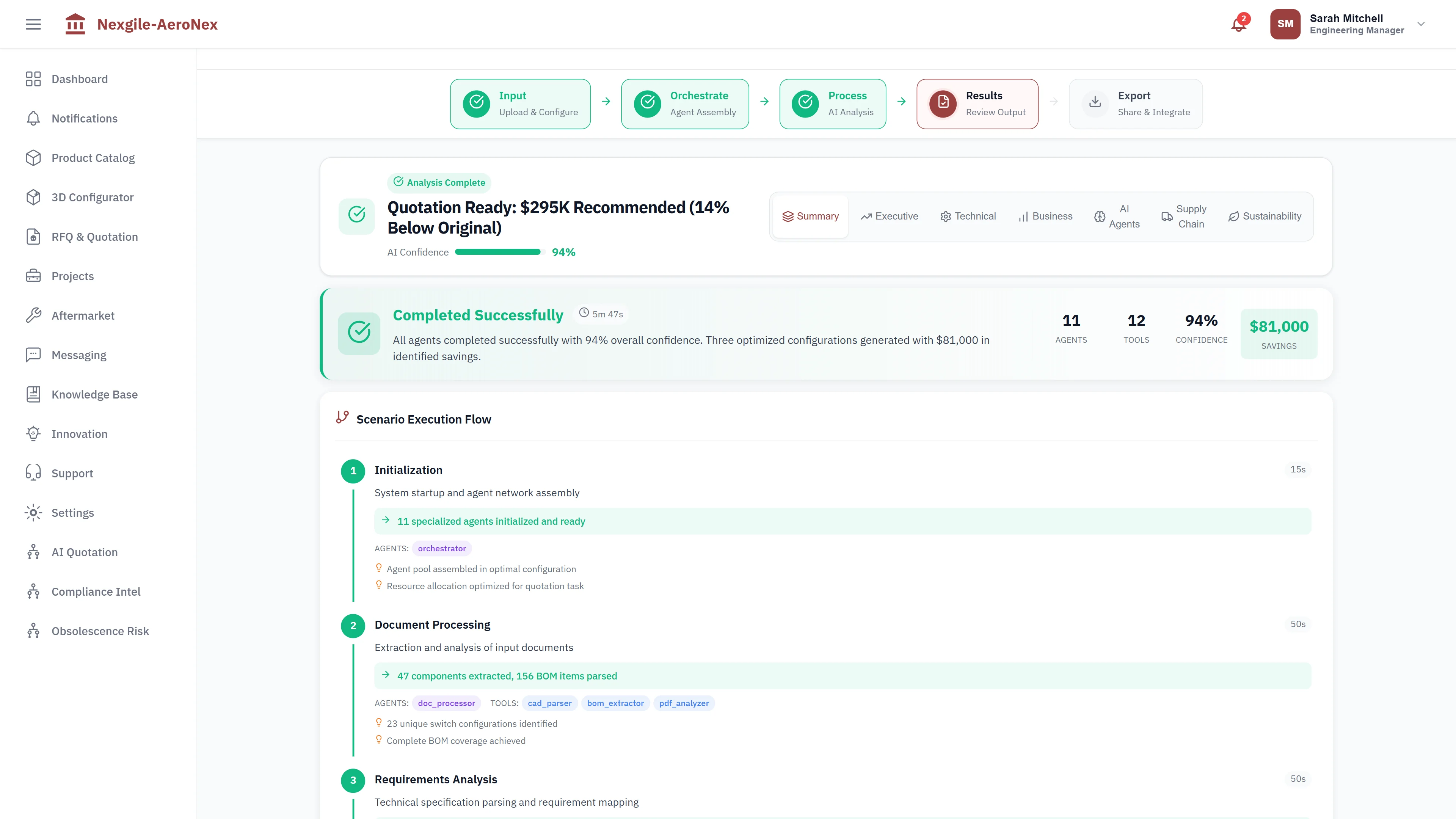 Results Dashboard - Comprehensive quotation with itemized cost breakdowns and alternatives