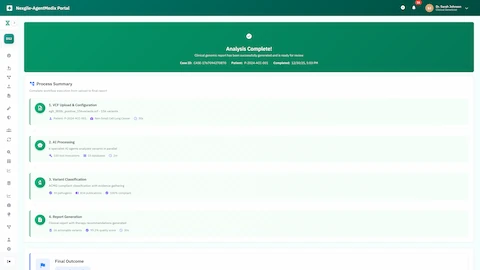Analysis completion summary showing the complete workflow from VCF upload through AI processing to final clinical report generation