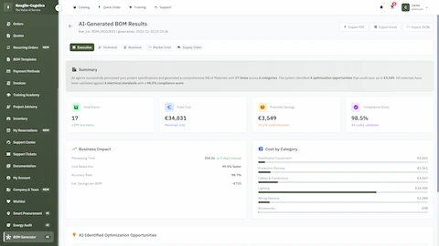 AI-Generated BOM results with 17 line items, 98.5% compliance score, and cost optimization opportunities
