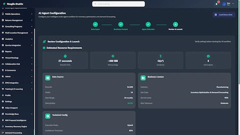 Review Configuration & Launch summary showing estimated resources (27s execution, 488MB memory), data source details, and business context for manufacturing use case.