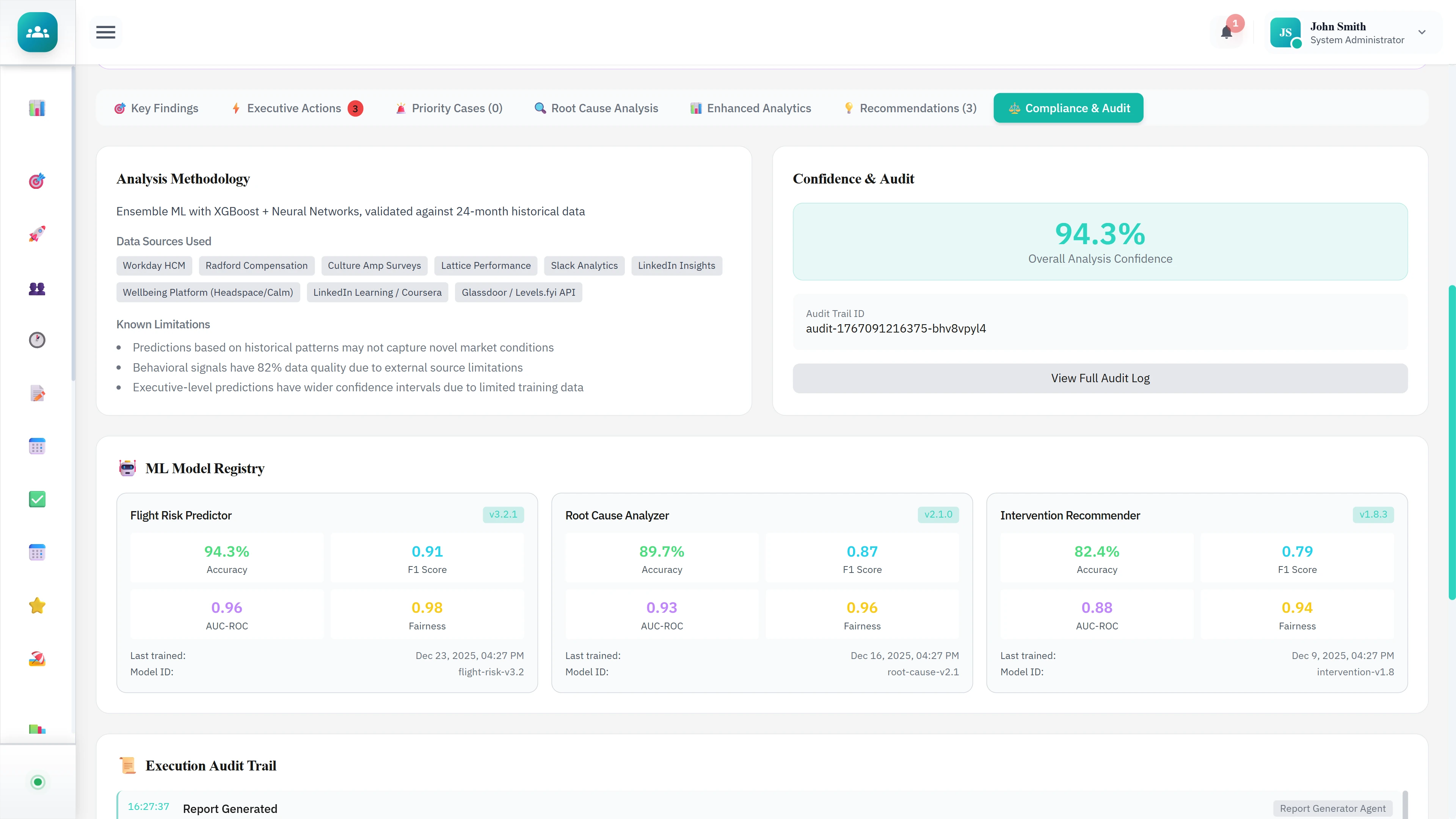 Compliance & Audit - Analysis methodology, ML model registry performance metrics, and execution audit trail