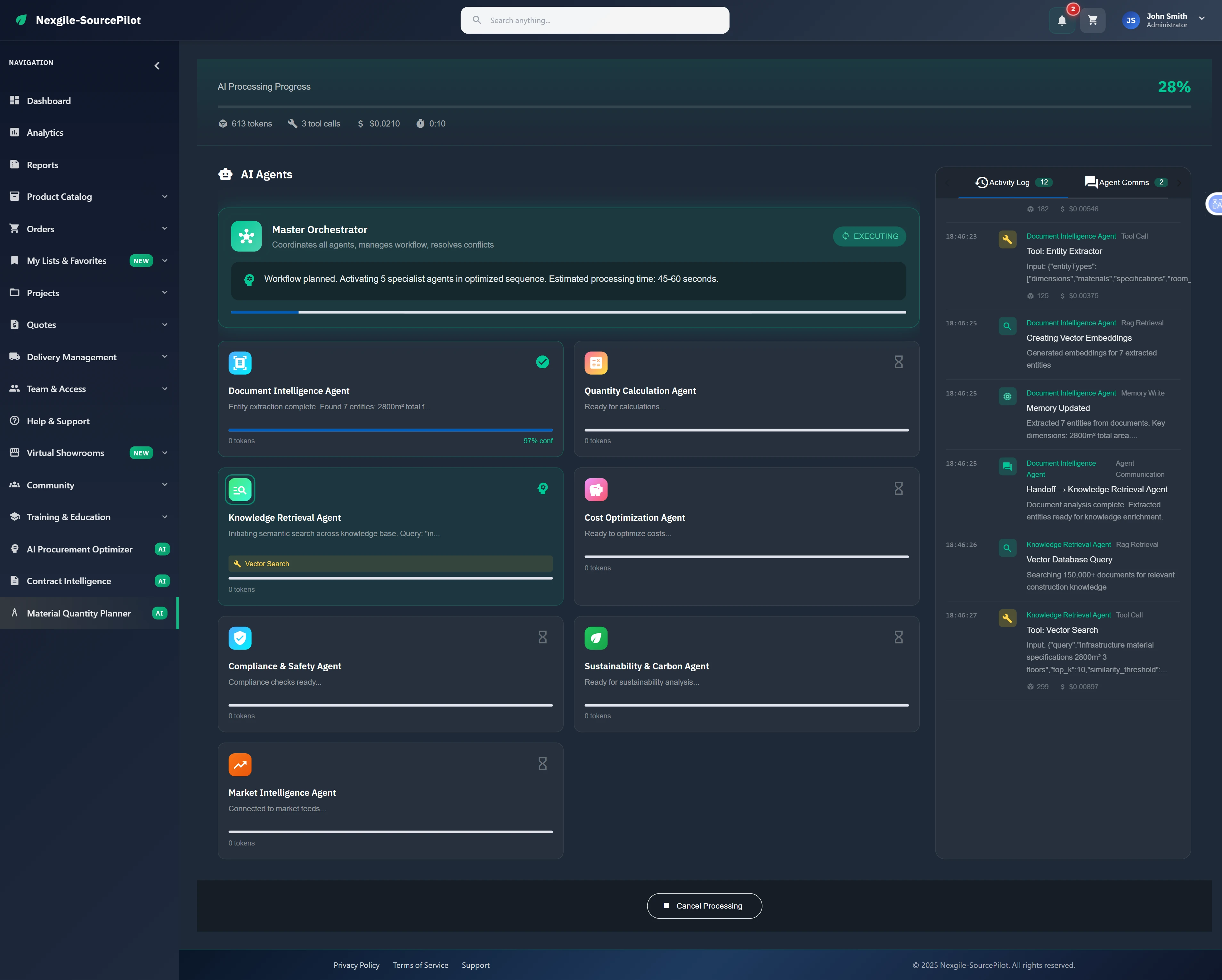AI processing progress view showing real-time execution of 8 specialized agents with live activity log
