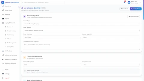 Mission Control Configuration - Define campaign objectives, target segments, revenue goals, budget constraints, and compliance guardrails