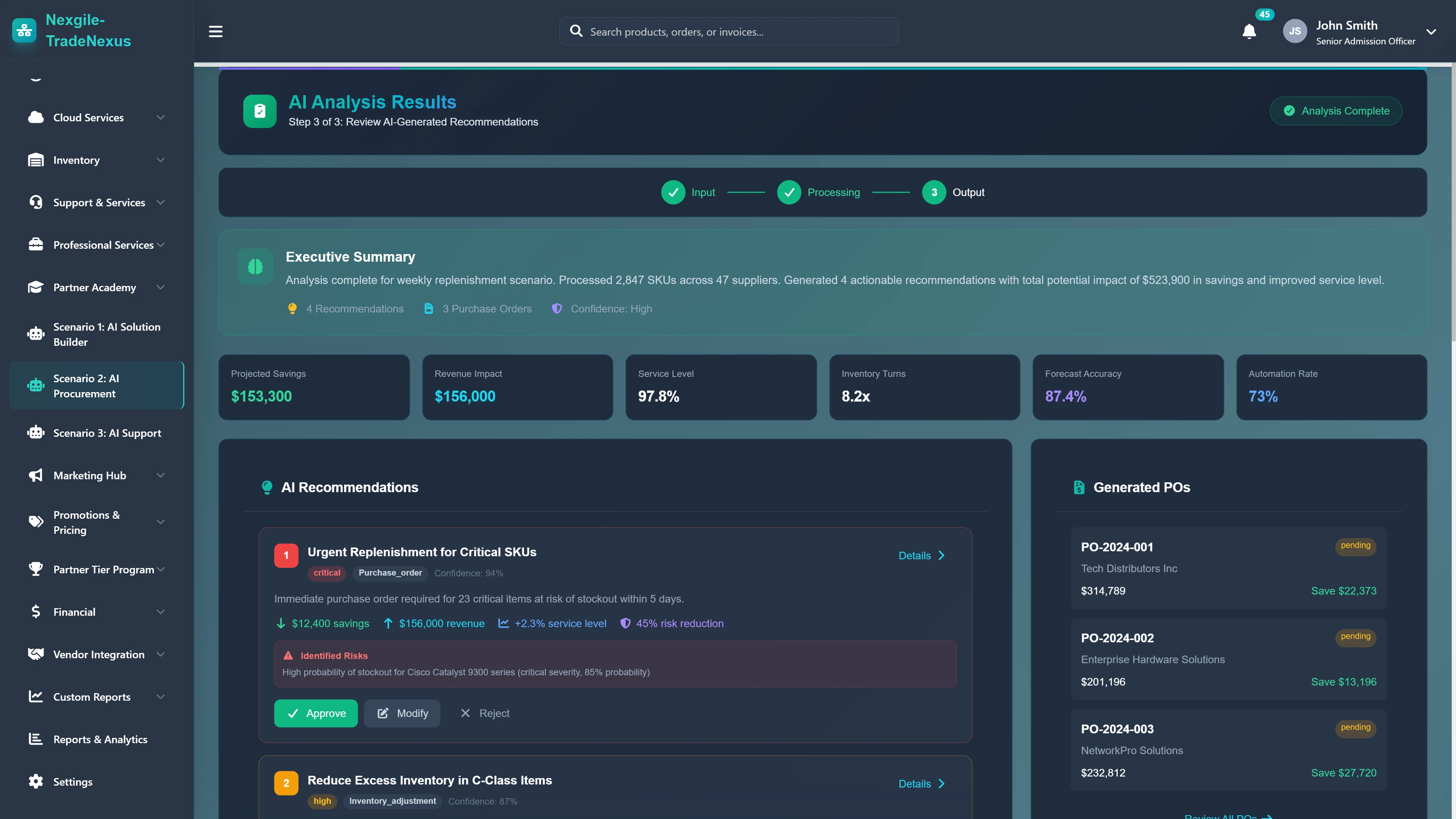 AI Analysis Results - Executive summary with savings projections, AI recommendations, and generated purchase orders